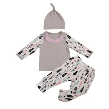 Uus Beebi Tütarlaste Mood 3-osaline Komplekt Komplekt Pikad Varrukad Sulg Prindi Top+Püksid+Müts Seatud Lapsed, Beebi Tüdrukud