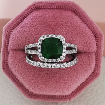 hõbedane värv pruut pulmad Sõrmused komplekti 3 in 1 band ringi Naiste kaasamine pruudi ehted sõrme moonso R4627-roheline