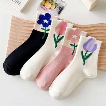 3 Paari Naiste Lühikesed Sokid Kõrge Kvaliteediga Puuvilla Hingav Vabaaja Jaapani Harajuku Kawaii Lill Mood Naiste Keskmise Toru Sokk