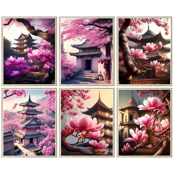CHENISTORY Sakura Puu Ja Iidne Pagoda Pilte Number Komplektid Home Decor Värvimine Poolt Numbrid Joonis Lõuendil Kunsti Kingitus