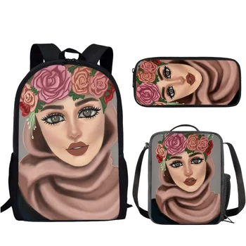 Hijab Nägu Moslemid Islami Disain Laste koolikotid Vabaaja Seljakott Pliiats Kotti&Lunch Box Komplekt 3 Suure Võimsusega Mochila