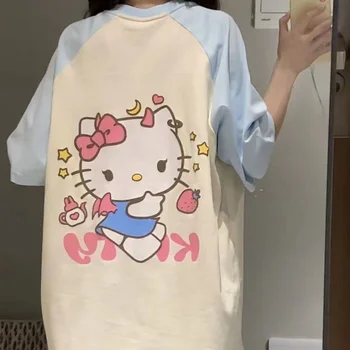 Streetwear Jaapani Sanrio Kawaii Riided Segatud Värvid Hello Kitty Trükitud Tees Paar Suve O-Kaeluse, Lühikeste Varrukate Tüdruk Y2K Tops