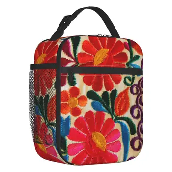 Fiambrera térmica con estampado 3D-de flores mejicanas para mujer, bolsa de almuerzo con patrón de bordado, textil reutilizable,