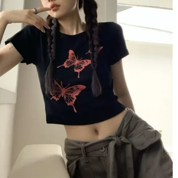 2000ndate Y2k Streetwear Graafiline Põllukultuuride T-särgid Naistele korea Fashion Slim Must Lühike Varrukas Top Naine Hipi Vabaaja Tees