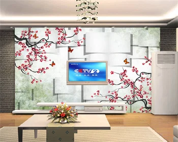 Kohandatud taustpildi nostalgiline plum blossom liblikas lill high-end elutoas TV taust dekoratiivse seina maali seinamaaling