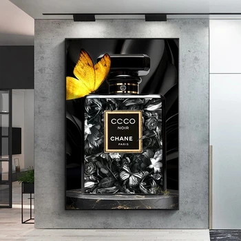 Must Parfüümi Pudeli Kollane Liblikas Luxury Art Lõuend Maali Poster Mood Seina Art Pilte Kaasaegne Elutuba Home Decor